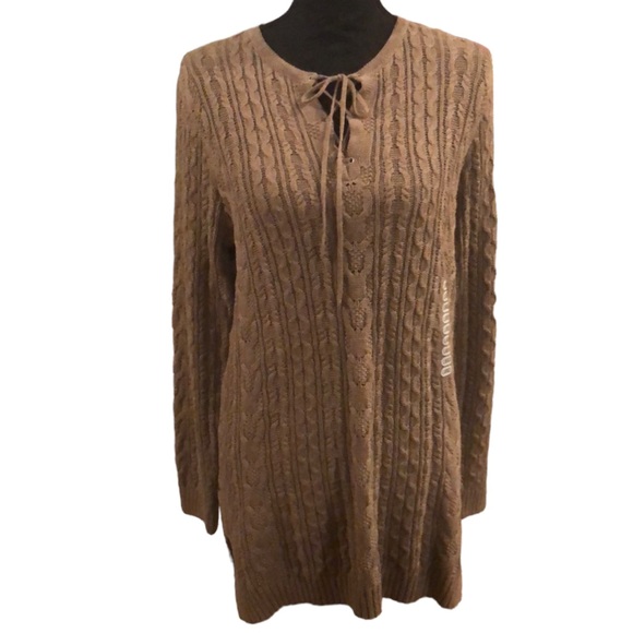 JEANNE PIERRE TUNIC LENGTH TIED FRONT CABLE KNIT SWEATER TAUPE SIZE LARGE - Picture 1 of 11